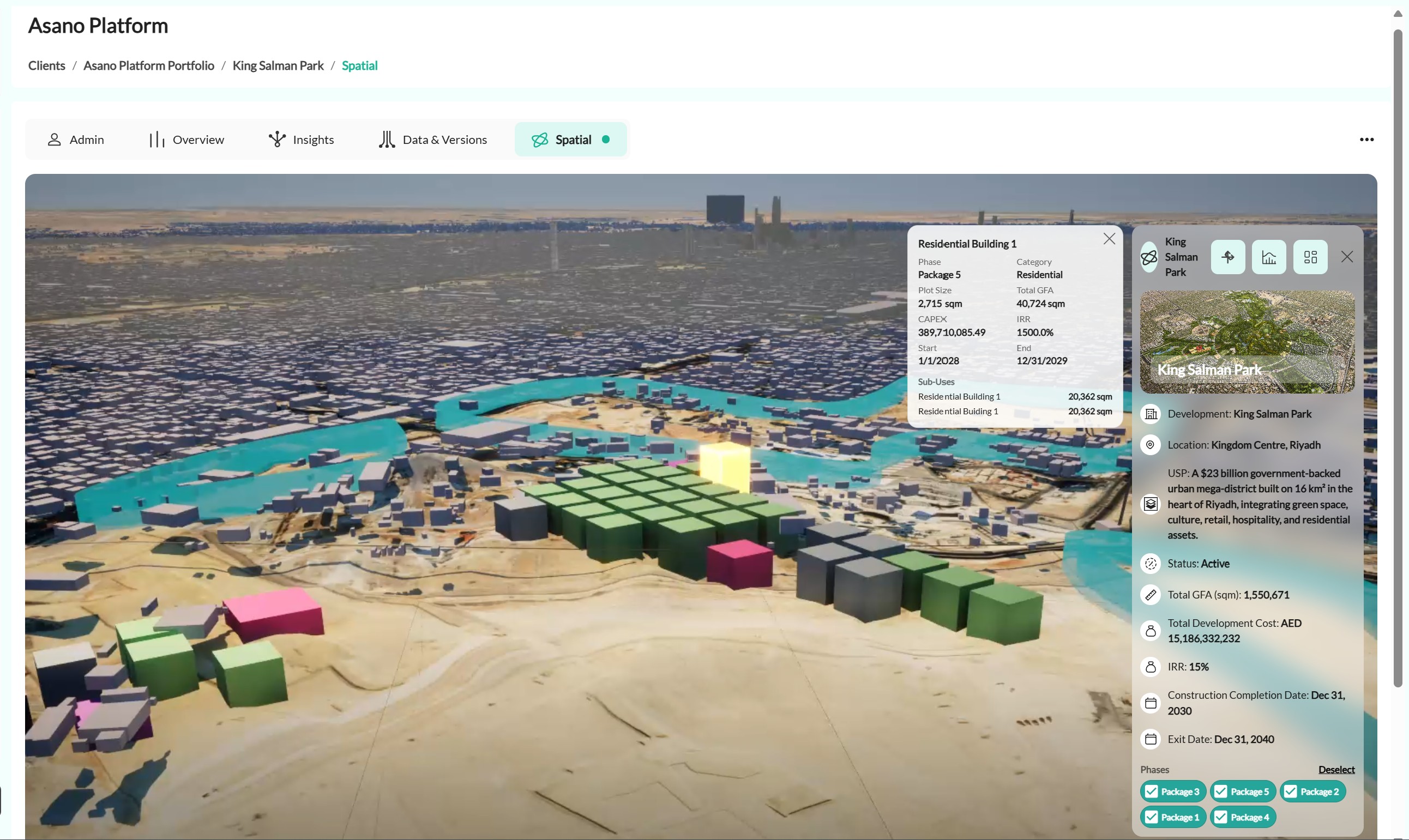 Massing generated procedurally by Asano from the development data — King Salman Park, Riyadh